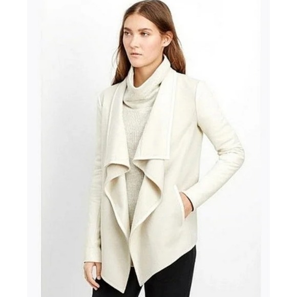 VINCE. Jackets & Blazers - Vince Drape Front Wool Jacket Lamb Leather Sleeves XS Neutral Coat Minimalist